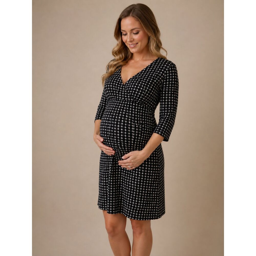 Merona Blue Faux Wrap Maternity Dress Medium Geometric Stretch V-Neck